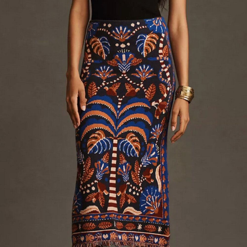 Farm Rio Nature Beauty Blue Scarf Knit Midi Skirt